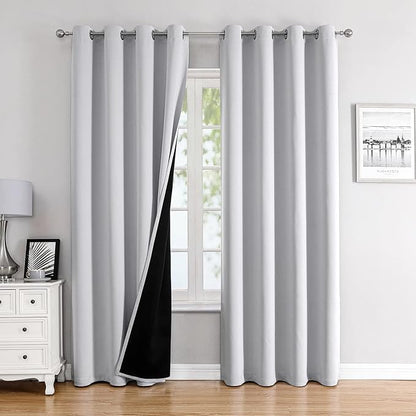 ChrisDowa 100% Blackout Curtains 102 inch Long for Bedroom with Black Liner, 2 Thick Layers Total Blackout Thermal Insulated Grommet Window Curtains 2 Panels Set (Greyish White, 52 x 102 Inch)