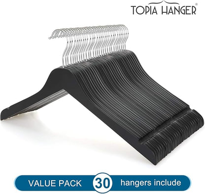 TOPIA HANGER Black Wooden Hangers 30 Pack, 0.28-inch Thick Slim Wood Clothes Hanger with Flat Design and Smooth Notches, Lightweight Space Saving Hangers for Shirt, Coat, Camisole-CT31B