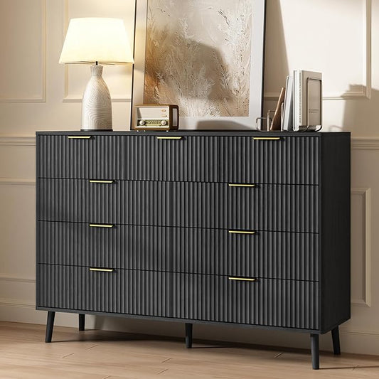 CARPETNAL Fluted 9 Drawer Dresser for Bedroom, 55" Wide Wooden Chest of Drawers with Rounded Corners, Gold Handles, Modern Storage Organizer for Bedroom, Hallway(Black)