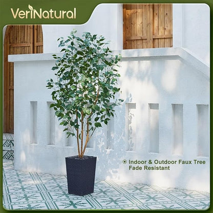 6ft Artificial Ficus Tree,Tall Faux Tree with Silk Leaves & Real Wood Trunk,UV Resistant Potted Fake Plant with Pebbles & Planter-Indoor Outdoor Floor Plant for Home Living Room,VN129