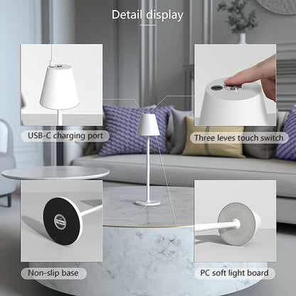 Modern LED Cordless Table Lamp, 4000mAh Rechargeable Battery, 3 Level Brightness Night Light, Metal Shell, Minimalist Design, for Couples Dinner/Coffee Table/Restaurant/Bedroom, White