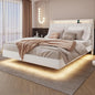 Floating King Size Bed Frame with RGB LED Lights & Charging Station, Upholstered Platform Bed with Hidden Storage Headboard & Shelves, Noise Free Heavy Duty Frame for Bedroom, Beige