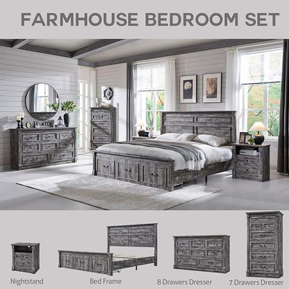 Farmhouse King Size Bed Frame with 51" Tall Headboard, Wood Platform Bed Frame with 20" Tall Roman Column Decoration Footboard & 3 Large Storage Drawers, No Box Spring Needed (Light Grey)