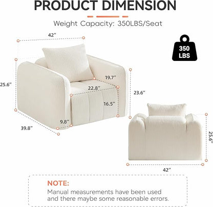 Oversized Boneless Corduroy Accent Chair, Comfy Deep Seat Armchair for Bedroom, Modern Upholstered Living Room Sofa Chair with Pillow, No Assembly, White