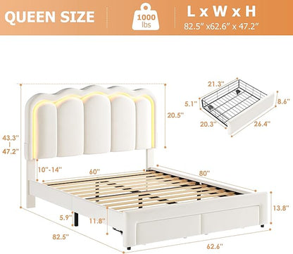 Velvet Upholstered Queen LED Bed Frame with 2 Storage Drawers and Adjustable Chic Double Wavy Headboard, Princess Platform Bed with Charing Station, Solid Wood Slats Support,No Box Spring Needed,Beige