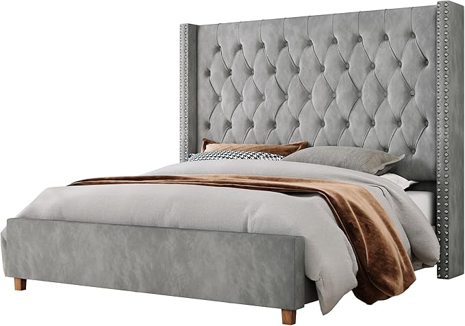 Jocisland King Size Bed Frame with 61.4" Tall Headboard, Velvet Upholstered Wingback Platform Design, Handcrafted Pleats& Deep Button Tufted, Solid Wood Legs, No Box Spring Needed, Gray