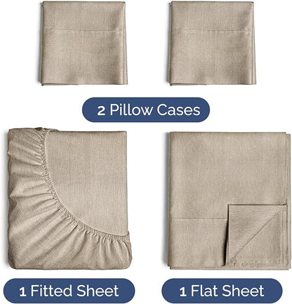 Twin 4 Piece Sheet Set - Cooling & Breathable - Hotel Luxury Bedding, Includes Fitted Sheet for Women, Men, Kids & Teens - 1 Flat, 1 Fitted Sheet, 2 Pillowcases w/Deep Pockets - Heathered Beige