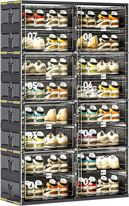 32 Pairs Portable Shoe Storage Cabinent of 3-Step Fast Installation,Plastic Shoe Box with Magnetic Clear Door for Entryway, Enclosed Shoe Rack for Sneaker, Heels etc.. (2Row, 8Tier)
