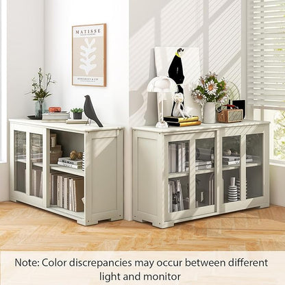 Costzon Sideboard Buffet Cabinet of 2, Wooden Kitchen Storage Cabinet with Adjustable Shelf, Sliding Glass Doors, Accent Coffee Bar Cabinet Console Table for Living Room, Dining Room, Hallway