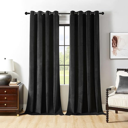Joydeco Black Velvet Curtains 63 Inches Long, Luxury Grommet Blackout Curtain 2 Panels, Thermal Insulated Privacy Room Darkening Window Drapes for Bedroom Living Room Home Theatre (52Wx63L)