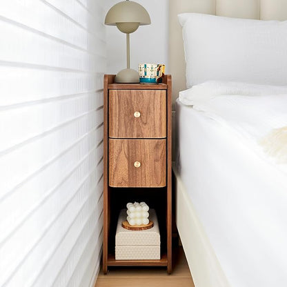 Narrow Nightstand Set of 2, Wooden Small 2 Drawer Nightstand, Slim Side End Table, Skinny Bedside Table, Mid Century Modern Night Stand with Drawers, for Bedroom (Walnut-2pcs)
