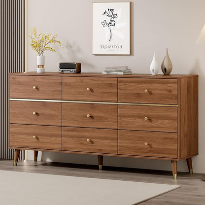9 Drawer Dresser,63" Wide Mid Century Modern Chest of Drawers,Wooden Bedroom Drawer Dresser with 9 Storage Drawers for Bedroom, Living Room,with Anti-Tipping Device,Walnuts