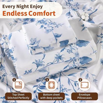 LBRO2M 1000 Thread Count Sheets 100% Egyptian Cotton Bedding Set Floral King Size Sheets 16 Inches Deep Pocket Bedding 4 Piece Sets (King, Blue Bird)