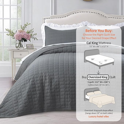 Oversized King Quilt Set 112"x106" – Soft Washed 3-Layer Lightweight California King Bedspread, Minimalist Nordic Design, All-Season Spring & Summer Quilt Set (1 Quilt + 2 Pillow Shams), Dark Grey