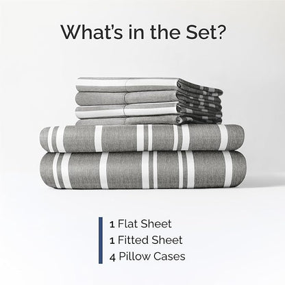 King 6 Piece Sheet Set - Cooling, Comfy & Breathable - Hotel Luxury Bedding, Includes Fitted Sheet for Women, Men, Kids & Teens - 1 Flat, 1 Fitted Sheet, 4 Pillowcases w/Deep Pockets - Grey Stripes