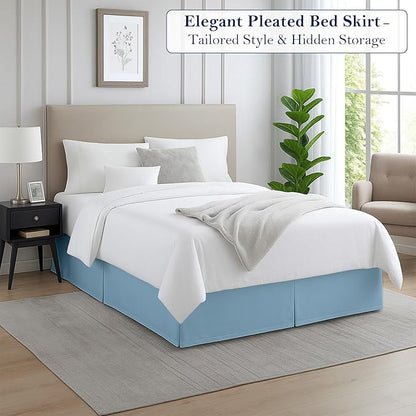Twin Bed Skirt, Luxury 15 Inch Drop Light Blue Pleated Bed Skirt, Double Brushed Microfiber, Box Pleat Design, Wrinkle & Fade Resistant, Easy Fit Tailored Bedskirt for Twin Size Beds