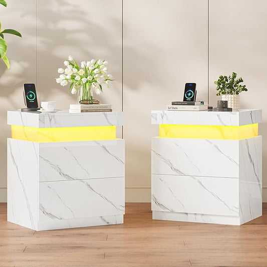 ADORNEVE Nightstand Set of 2,Night Stand with Charging Station & LED Light & Sliding Top,Bedside Table with Drawers,Modern Bed Side Tables Bedroom,White Marble