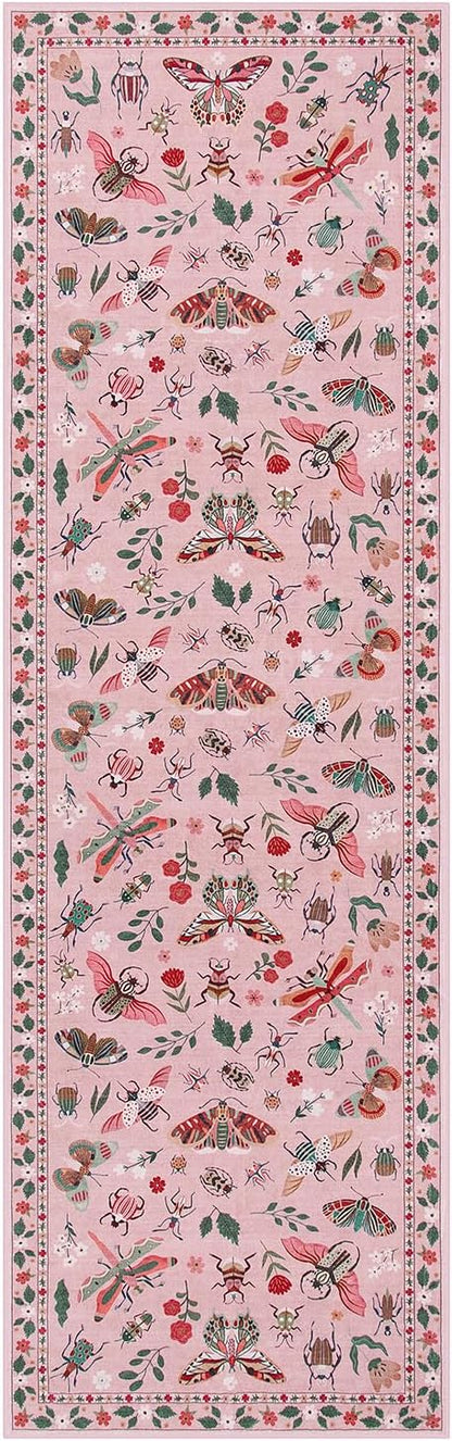 Lahome Insect Hallway Runner Rug, 2'5''x8' Ultra-Thin Washable Runners for Hallways Kitchen, Soft Laundry Room Rug Non-Slip Long Carpet for Entryway Bedroom Bathroom, Pink