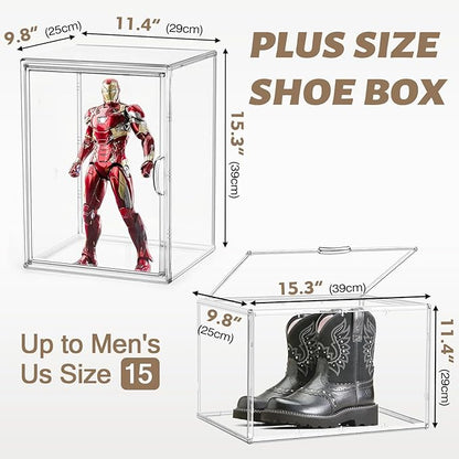 2 Pcs Shoe Display Case, XX-Large Tall Boot Storage Box Transparent Handbag Organizer for Closet Acrylic Shoe Box Clear Plastic Stackable Sneaker Collectibles Case with Detachable Divider
