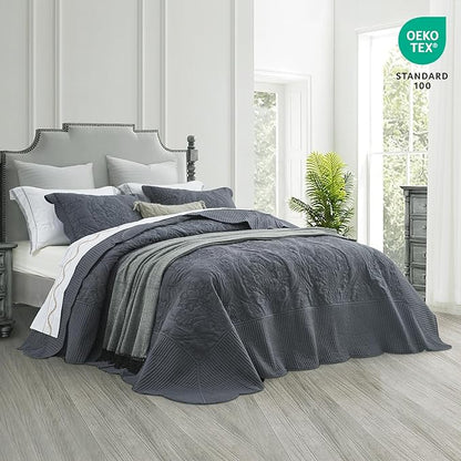 CHIXIN Bedspread Coverlet Set Queen Size - Lightweight Bedding Cover - Beautiful Stitching - 5 Piece Reversible Bedspread - Gorgeous Damask Paisley Pattern (Queen, Dark Grey)