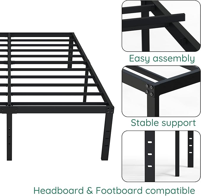 18 Inch Full Size Bed Frame Heavy Duty Metal Platform No Box Spring Needed, Maximum Storage, Easy Assembly, Noise Free, Black