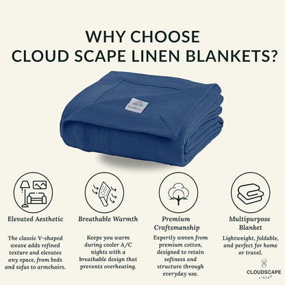 Cloud Scape Linen 100% Cotton Throw Blanket 50x70 Ensign Blue, Luxury All-Season Warmth, Ultra Soft, Oversized Herringbone Gauze Blanket for Winter, Bed, Couch & Sofa Decor, Best Gift Idea
