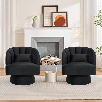 GarveeHome Modern Swivel Barrel Accent Chair, 360 Degree Velvet Upholstered Armchair with Striped Backrest & Plush Padding, Comfy Round Lounge Chair for Living Room, Bedroom, Reading Nook, Black