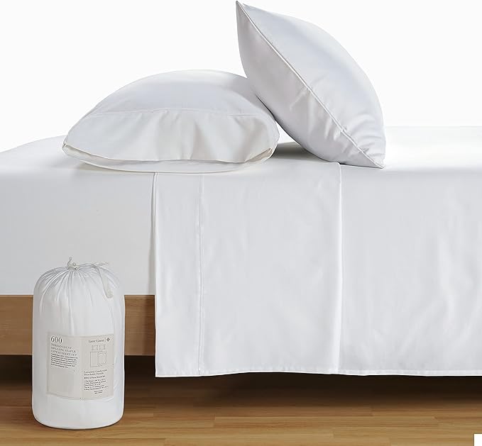 LANE LINEN 600 Thread Count 100% Cotton Cal King Sheet Set, Soft & Confy Hotel Style Thick White Cal King, Mercerized Cotton for Silky Finish, Fully Elasticized Fitted Sheet Luxury - White