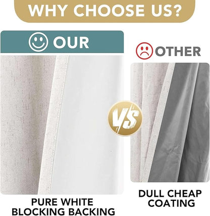 H.VERSAILTEX Linen Curtains 100% Blackout Curtains for Bedroom 102 inch Long Full Light Blocking Nature Linen Blended Window Curtains for Living Room Nickel Grommet (2 Panels, Ivory)