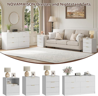 7 Drawer Dresser & Nightstand Set, 3-Piece White Fluted Dresser and Night Stand Set of 2 with Metal Handle, Modern Wood Chest of Drawers Storage Dressers Set for Bedroom, White