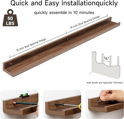 Fun Memories Picture Ledge Shelf, 36 Inch Floating Shelves Set of 2, Nursery Book Shelves for Toys Storage, Kids Bookshelf Wall Mounted for Wall Decor Books Photo Frames, Walnut