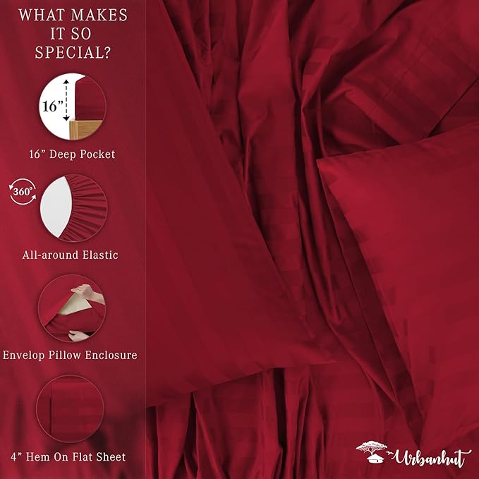URBANHUT 800 Thread Count 100% Cotton Damask King Size Sheets, 4 Piece Striped King Size Bedsheets, Luxury Hotel Sheets Sateen Weave - Better Than Egyptian, 16" Elasticized Deep Pocket- Burgundy