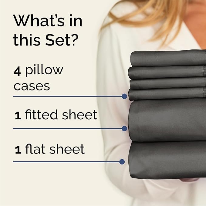 Cal King 6 Piece Sheet Set - Cooling, Comfy & Breathable - Hotel Luxury Bedding, Includes Fitted Sheet for Women, Men, Kids & Teens - 1 Flat, 1 Fitted Sheet, 4 Pillowcases w/Deep Pockets - Charcoal