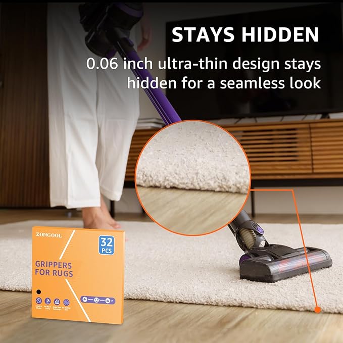 ZONGOOL 32 PCS Rug Tape, Reusable Washable Carpet Tape, Double Sided Non-Slip Rug Pads for Hardwood Floors, Rug Stoppers for Area Rugs, Black