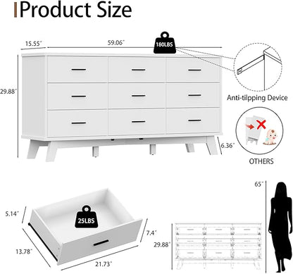 Dresser for Bedroom, 9 Drawer Wide Modern Chest of Drawers with X-Shaped Sturdy Base, Wood Double Dresser Closet Clothes Storage Organizer, Wooden TV Stand for Living Room, Hallway, White