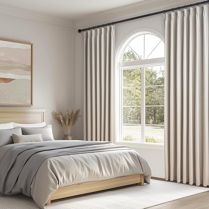 Topfinel 90 Inches Long Full Blackout Linen Curtains for Bedroom, Oatmeal Pinch Pleated Sound Block Curtains, Beige Decorative Elegant Farmhouse Lined Drapes 2 Panels Set for Living Room Sliding Door