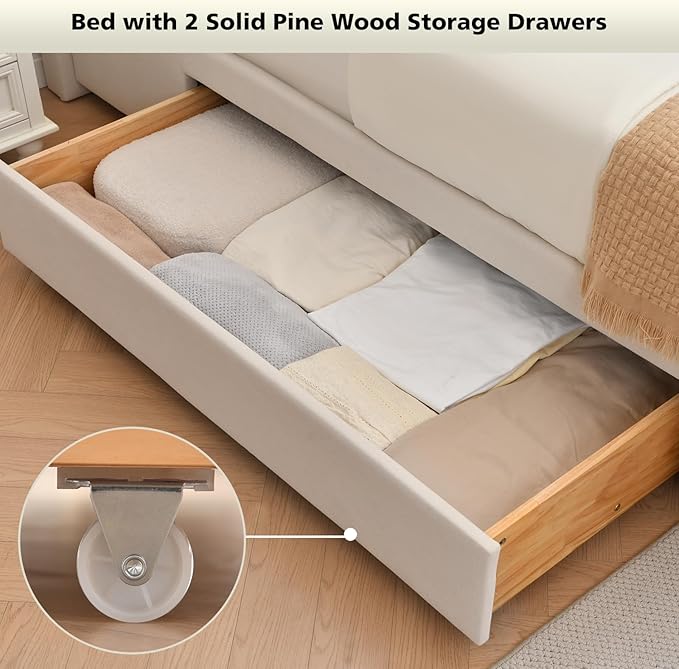 VELOCAVA Queen Size Upholstered Platform Bed with Tall Headboard and Footboard, 2 Side Storage Drawers, Modern Beige Fabric Bed Frame, No Box Spring Needed, Slatted Base Support, Easy Assembly