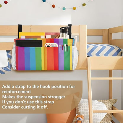 Bedside Caddy Hanging Bunk Bed Caddy Bed Organizer Hanging Pocket with 2 Hooks Bedside Storage Organizer Pocket Bag Holder Vibrant Colorful Stripes