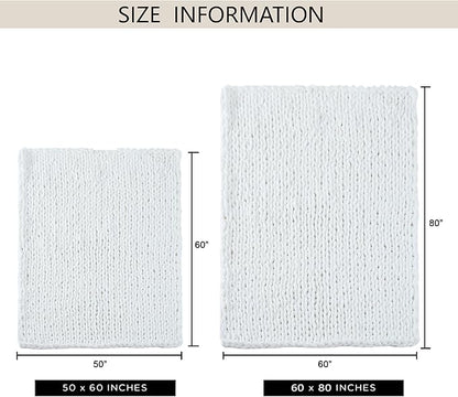 Chunky Knit Throw Blanket 60"X 80", 100% Handmade with Soft Chenille Yarn, 6.7lbs Thick Cable Knitted Blankets, Large Rope Knot Crochet Throws for Couch Sofa Bed Home Decor, Snow White