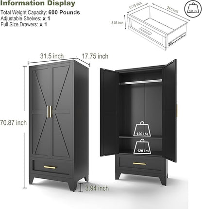 COFaR 71 Farmhouse Metal Wardrobe Closet with Hanging Rod, 2 Barn Doors, Adjustable Shelves, Steel Armoire with Drawer for Home, Bedroom Black