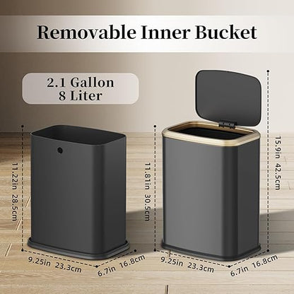 2.1 Gallon Bathroom Trash Can with Lid Press Top, 8 Liter Stainless Steel Garbage Can with Press Type Lid, Slim Trash Bin Waste Basket for Toilet, Office, Bedroom (Titanium Black)