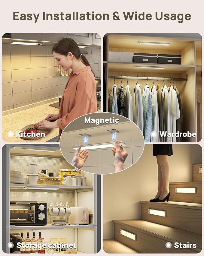 Under Cabinet Lights Wireless,11.9" Motion Sensor Light Indoor with Remote Control,2500mAh LED Rechargeable Battery Operated Closet Light,3 Color Temps,Under Counter Lights for Kitchen,Stairs,Wardrobe