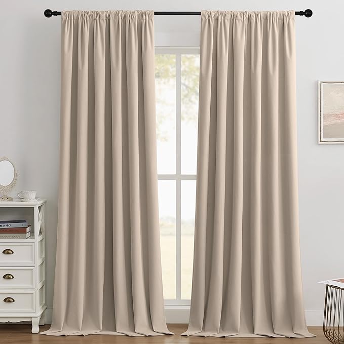 Joydeco Beige 100% Blackout Curtains 90 Inch 2 Panels, Luxury Thermal Beige Velvet Curtains for Bedroom Living Room, Soundproof Blackout Window Drapes, Rod Pocket & Back Tab (52W x 90L)