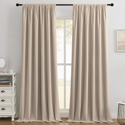 Joydeco Beige 100% Blackout Curtains 102 Inch 2 Panels, Luxury Thermal Beige Velvet Curtains for Bedroom Living Room, Soundproof Blackout Window Drapes, Rod Pocket & Back Tab (52W x 102L)