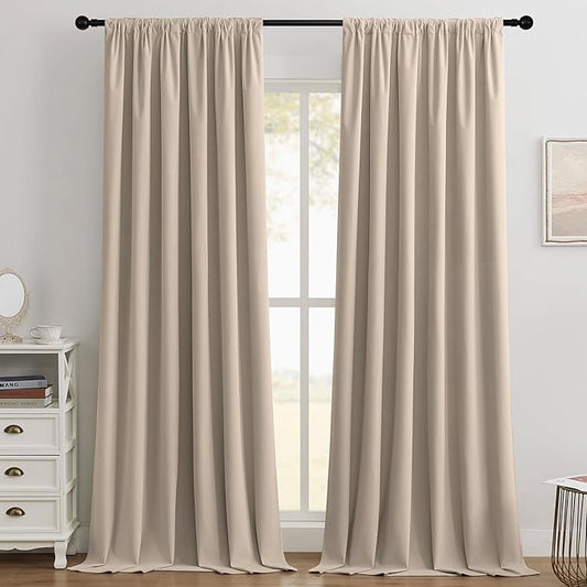 Joydeco Beige 100% Blackout Curtains 102 Inch 2 Panels, Luxury Thermal Beige Velvet Curtains for Bedroom Living Room, Soundproof Blackout Window Drapes, Rod Pocket & Back Tab (52W x 102L)