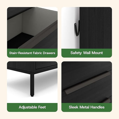 tinge Lira Premium Fabric Dresser - Solid Wooden Frame, 4 Spacious Sag-Proof Drawers with Sleek Metal Handles - Sleek & Durable Storage Solution for Your Home (Black)