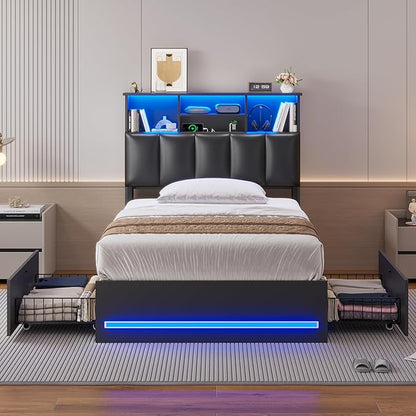 AOGLLATI Twin Bed Frame with 4 Storage Drawers & Charging Station & LED Lights, Twin Bed Frames with Stylish Bookcase Headboard, Led Bed Frame with Metal Slats, No Box Spring Needed,Black