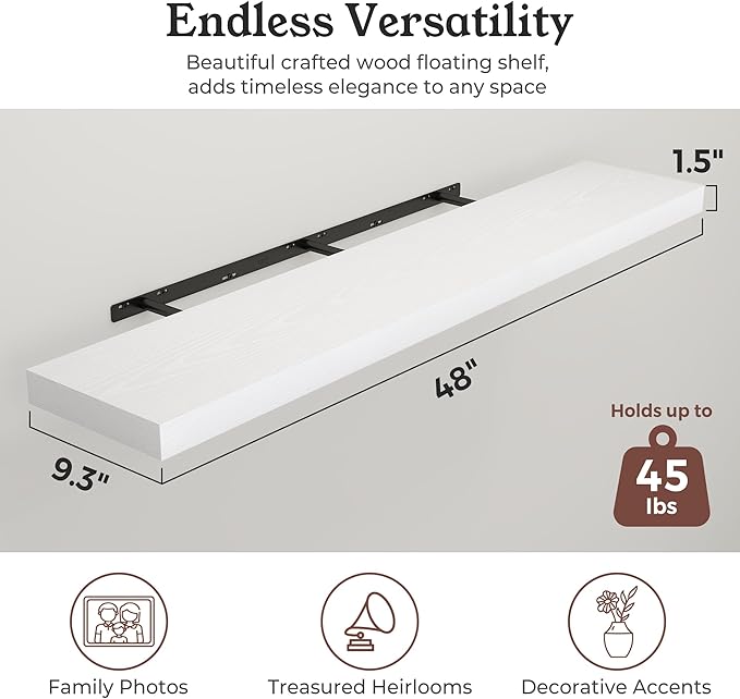 Floating Shelves for Wall, 9.3" Deep Wall Mounted Wood Shelves for Bathroom, Bedroom, Living Room, Kitchen, Hanging Shelf for Books/Storage/Room Decor (White, 48")