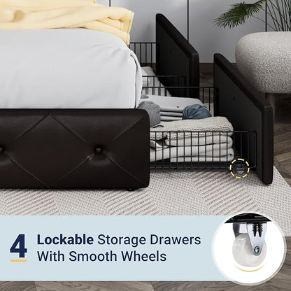 Allewie Upholstered King Size Platform Bed Frame with 4 Storage Drawers and Headboard, Diamond Stitched Button Tufted, Mattress Foundation with Wooden Slats Support, Black Brown