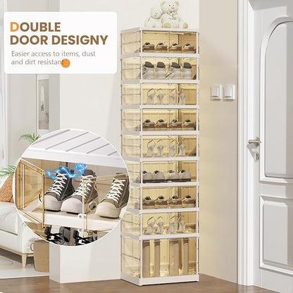 Shoe Rack Organizer for Closet Entryway Foldable Sneaker Storage Shoe, Collapsible Shoe Cabinet, Stackable Shoe Storage Cabinet with Lids for Living Room (9 Tiers -18 Pairs Transparent)